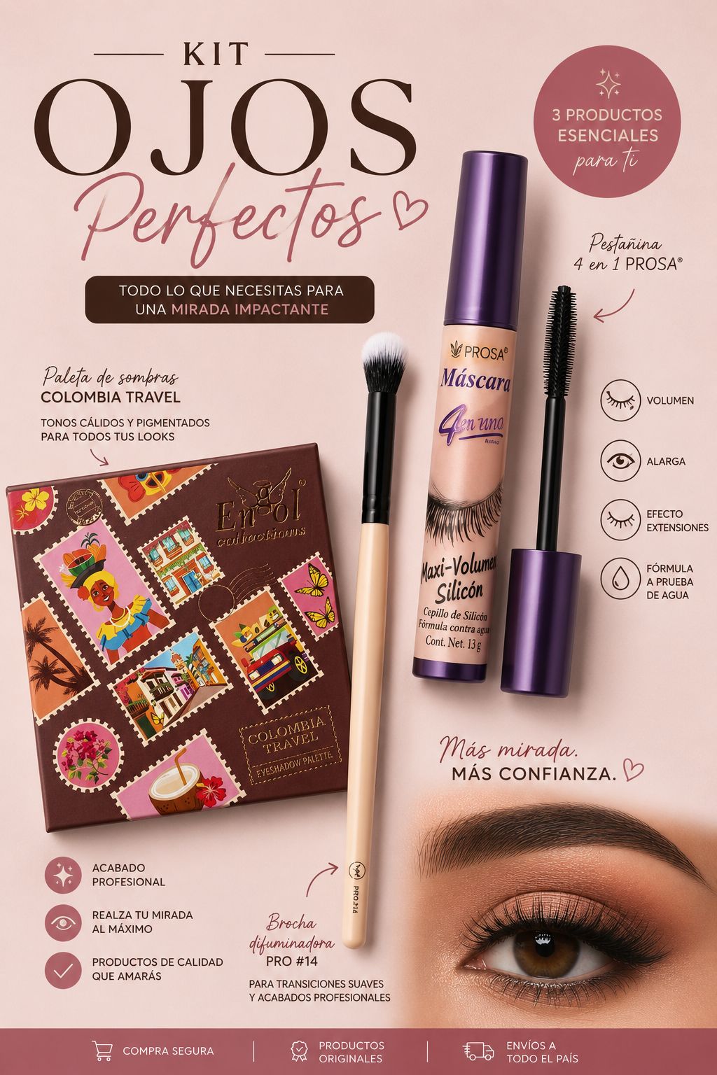 Kit Ojos Perfectos Karon - Paleta Colombia Travel + Pestañina Prosa + Brocha PRO 14